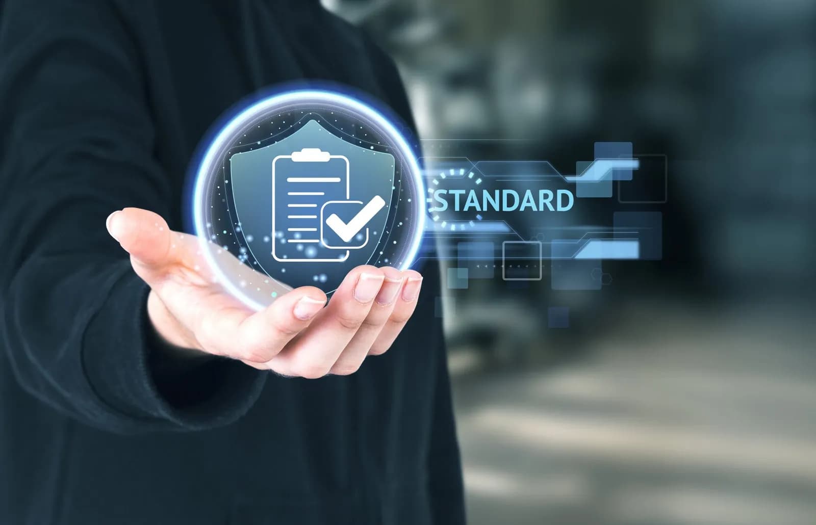 Hand presenting a digital compliance shield representing EU MDR standards