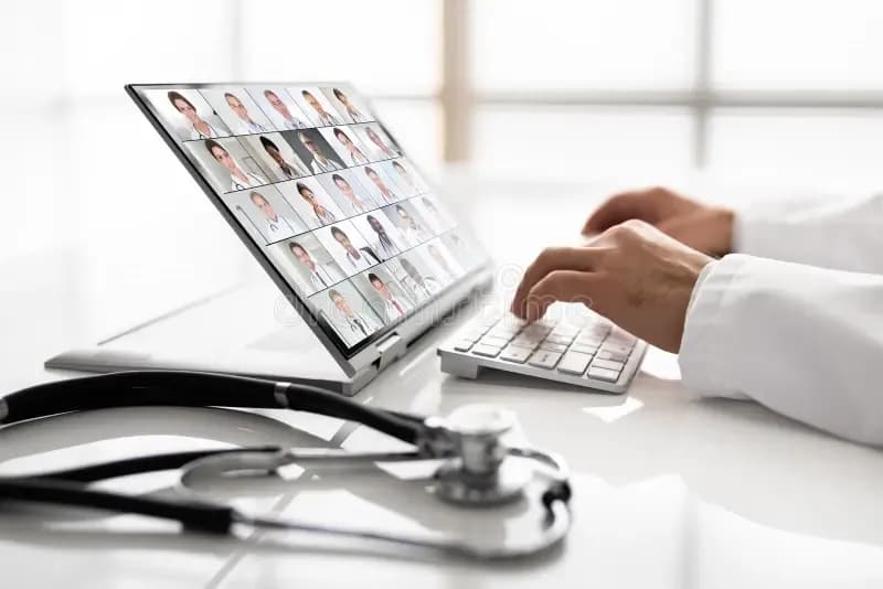 Stethoscope beside a laptop showing telehealth consultation