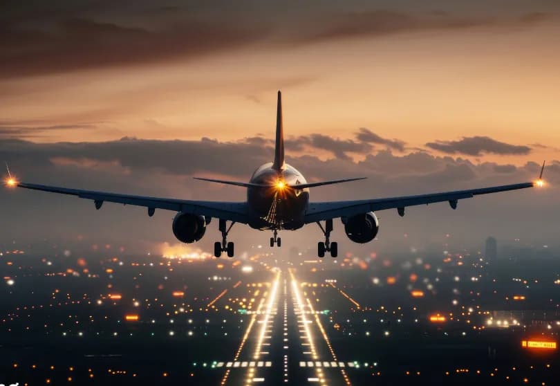 Commercial aircraft on approach at dusk