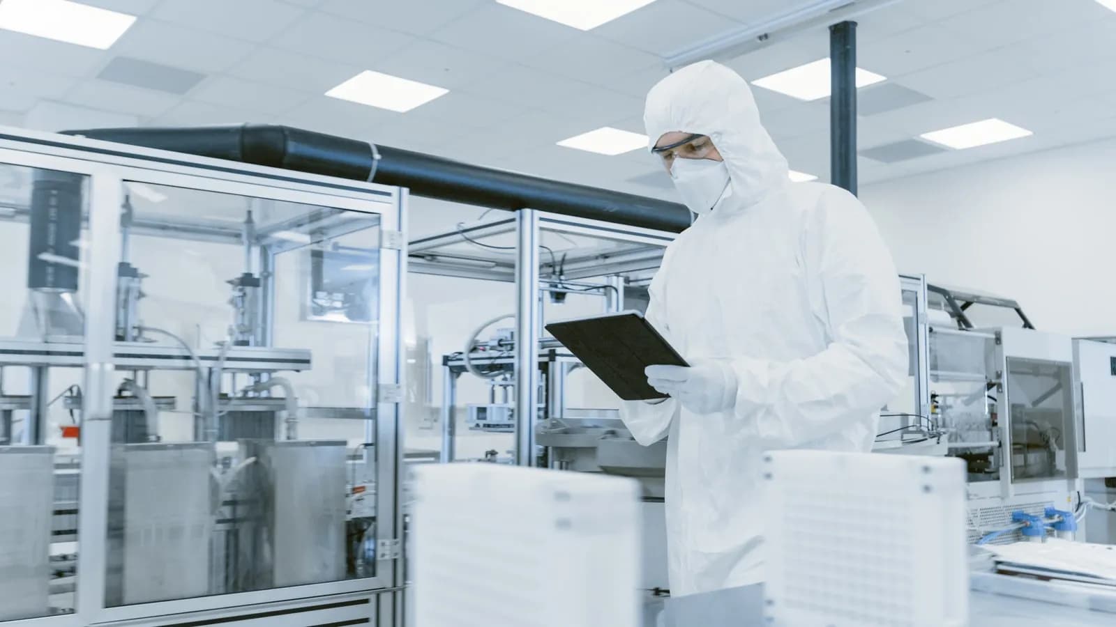 Technicians in cleanroom suits operating pharmaceutical manufacturing equipment