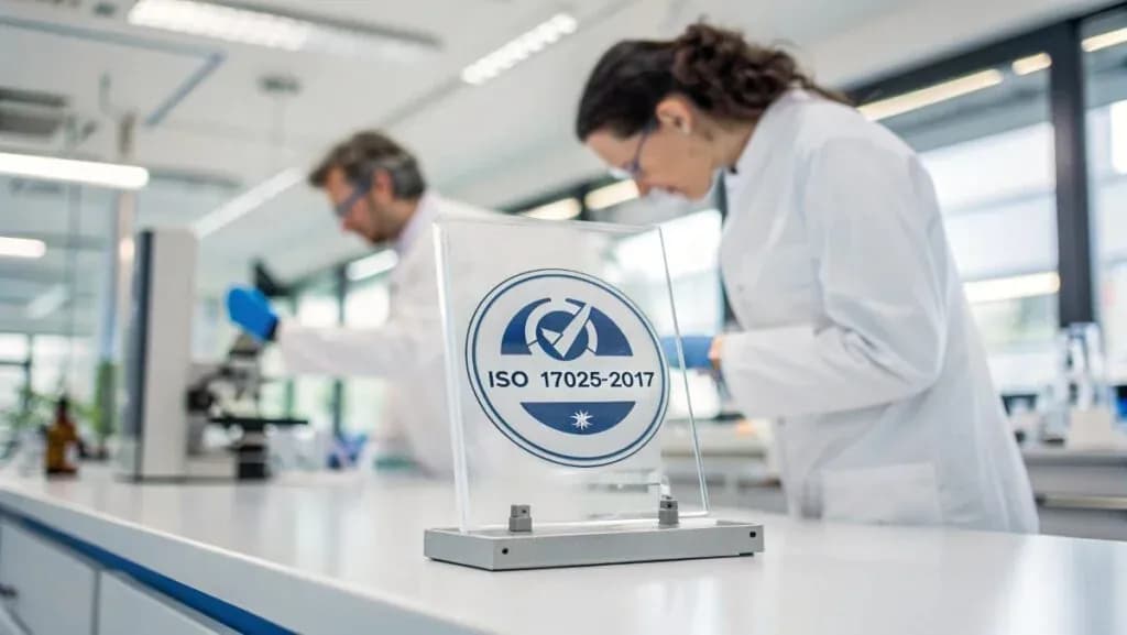 Scientists working in a testing laboratory with an ISO 17025 plaque