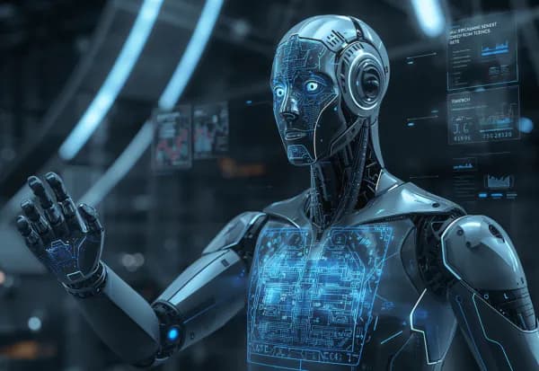 Humanoid AI interacting with a digital interface, representing AI governance